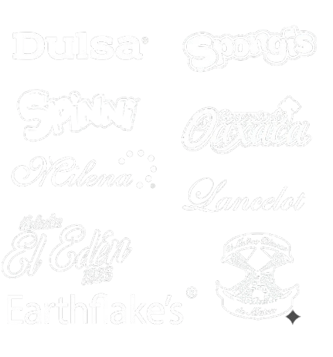 Logotipos de las marcas exclusivas: Dulsa, Spongis, Spinni, Oaxaca, Milena, Lancelot, El Edén y Earthflake's